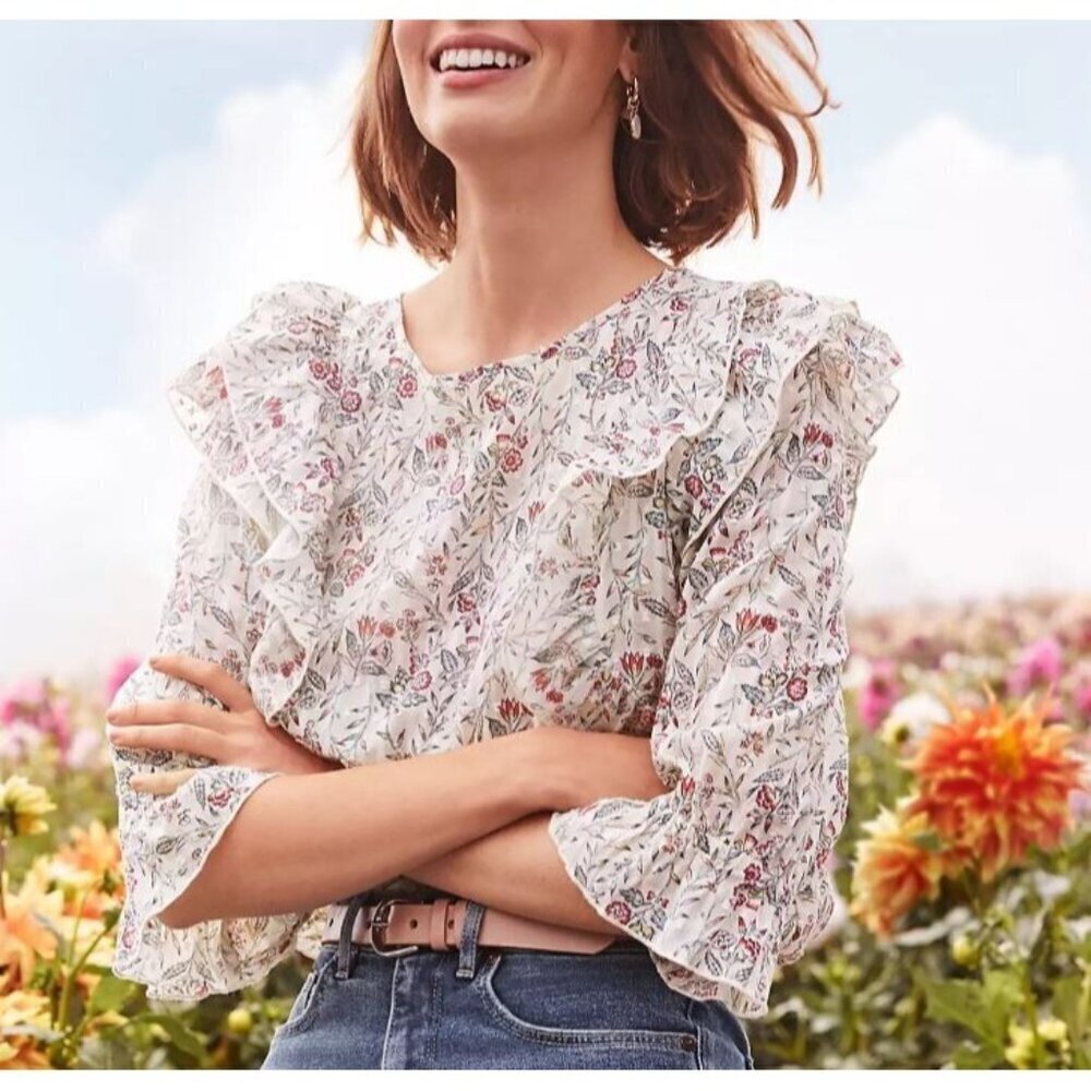 LOFT Top Womens Large Floral Ruffle Swiss Dot Prairie Cottagecore Romantic - Picture 1 of 10